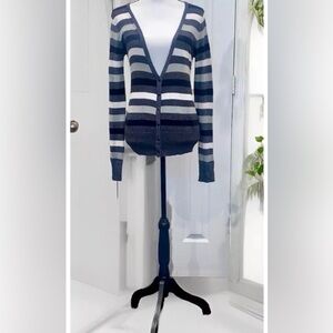 Striped Knit Cardigan Sweater  Black Gray and White M